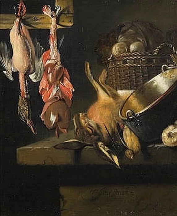 Una natura morta da cucina con un'anatra spennata e utensili da cucina su una sporgenza